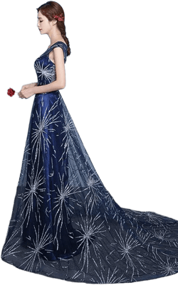 Modern Constellation A-Line Sequin Star Tulle Evening Dress with Train
