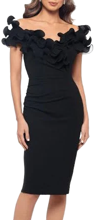 Xscape Women's Off-the-Shoulder Scuba Ruffle Sheath Dress