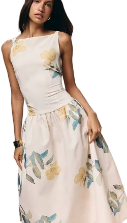 Floral Printed Dropped Waist Midaxi Dress