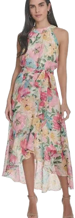 Jessica Howard Women's Floral Chiffon Tie-Waist High-Low Midi Dress