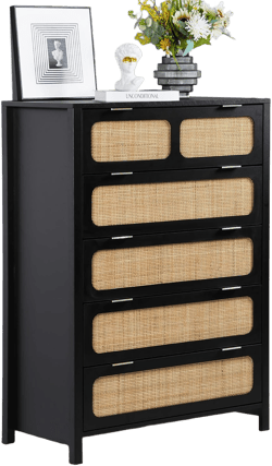 5 Drawer Dresser with Rattan Finish, Modern Farmhouse Chest of Drawers with Metal Handles, Accent Wood Storage Cabinet for Bedroom, Living Room and Kitchen (Black)