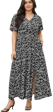 Vintage Women's Ditsy Floral Printed Ruffle Sleeve V-Neck Dress with Pockets