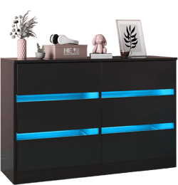 6 Drawer Double Dresser, Bedroom Dresser with LED Light, Wood Dresser for Nursery, Living Room, Hallway, Handless Design, 47.2''W×15.7''D×30.2''H (Black)