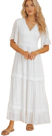Women's White Short Sleeve V Neck Lace Detail Maxi Dress Magnolia Boutique