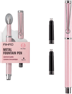 AIHAO Refillable Fountain Pen, Fine Point, Metal Fountain Pen with Gift Box, Black Ink, 2 Ink Cartridges in one Set, Pearl Pink