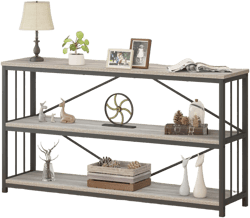 LVB Farmhouse Industrial Console Table, Wood Metal Foyer Entryway Sofa Tables with Storage, 3 Tier Long Rustic Entry Table TV Stand with Shelves for Home Living Room Hallway, Light Grey Oak, 55 Inch