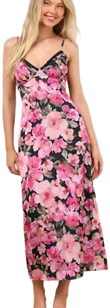 Lulus Floral Satin Lace Midi Slip Dress