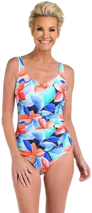 Maxine of Hollywood Women's Mosaic Leaves Side Shirred One Piece Swimsuit