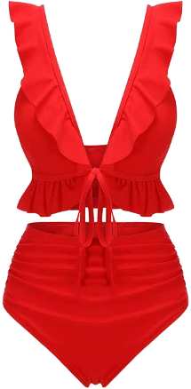 Flattering Ruffled Two Piece Bikini Set with Tummy Control