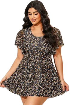 Meet.Curve Women's Floral Print Short Sleeve Round Neck Swimdress