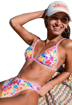 Cupshe Aquarelle Flowers Triangle Bikini Top & Mid-Rise Bottoms Set