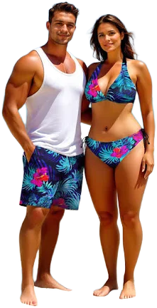 Hibiscus Flower Print Swimsuit and Men's Beach Shorts