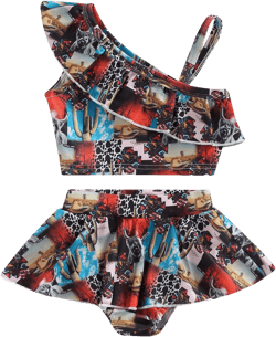 Western Baby Girl Outfit Two Piece Swimsuit Cow Print Ruffle Bikini Swimwear Bathing Suit Summer Beach Outfit