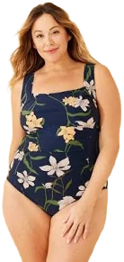 Shade & Shore Women's Shirred Square Neck Full Coverage Tummy Control Swimsuit