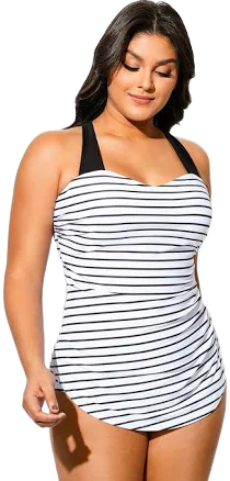 Women's Striped H-Back Sarong Front One Piece Swimsuit