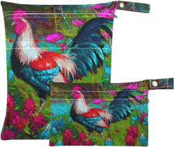 visesunny Colorful Rooster Painting Floral 2Pcs Wet Bag with Zippered Pockets Washable Reusable Roomy for Travel,Beach,Pool,Daycare,Stroller,Diapers,Dirty Gym Clothes, Wet Swimsuits, Toiletries Multi3