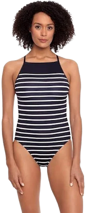 Lauren Ralph Lauren Stripe High Neck One Piece Swimsuit in Black/White