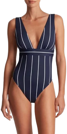 LAUREN Ralph Lauren Women's Villa Stripe Banded V-Neck One-Piece Swimsuit