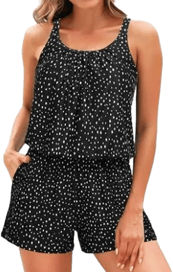 xoxdg Plus Size Romper Swimsuits with Short - Women One Piece Boyleg with Pockets Bathing Suit Modest Swimwear Blue Leaves, Adult Unisex, Size: Small