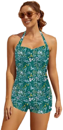Vintage English Garden Sweetheart Neck One-Piece Swimsuit