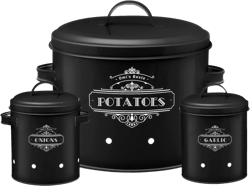 Black Retro Canister Set of 3, Potato, Onion, Garlic Storage Containers, Stylish Antique Metal Tins for Kitchen Pantry, Fresh Vegetable Keeper, Rustic Farmhouse Decor
