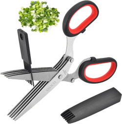 Herb Scissors with 5 Blades & Cleaning Kit, Stainless Steel Kitchen Shears for Herbs, Lettuce, Cilantro, Dishwasher Safe, Soft-Grip Handle Red and Black