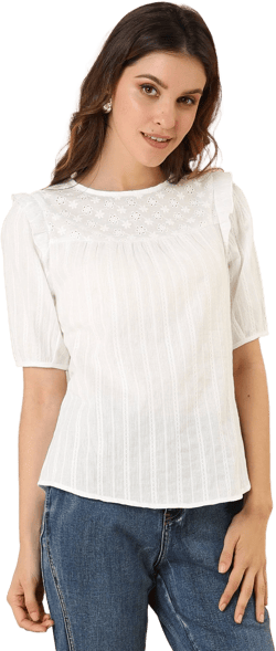 Cotton Summer Ruffle Frilled Round Neck Short Sleeve Blouse