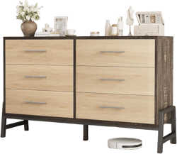 Dresser with 6 Drawers, TV Stand, Freestanding Wide Drawer Wooden Storage Cabinet for Living Room, Bedroom, Entryway, Oak + Brown