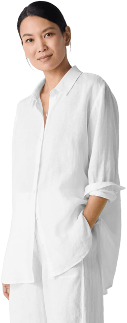 Eileen Fisher Women's Classic Collar Organic Linen Long Button-Up Shirt