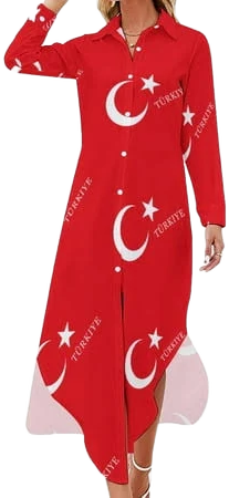 Women's Long Sleeve Turkish Flag Maxi T-Shirt Dress with Side Slits