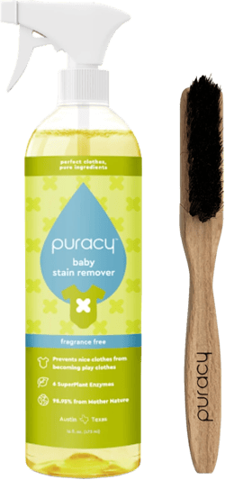 Puracy Natural Baby Laundry Stain Remover, Enzyme Odor Eliminator, Free & Clear 16 Fl Oz and Laundry Stain Remover Brush for Tough Stains, Effective Stain and Odor Eliminiation Bundle