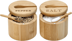 YIXIValley 2pcs Bamboo Salt and Pepper Bowls, Cellar with Magnetic Swivel Lid, Containers Serving Spoons, Box Engraved for Salt, Pepper, Spice, Sugar, Brown