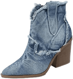 Women's Embroidery Denim Western Cowboy Ankle Boots With Side Zipper Fashion Pointed Toe Stack Heel Cowgirl Mid Calf Boots Comfort Walking Dress Booties Blue 7