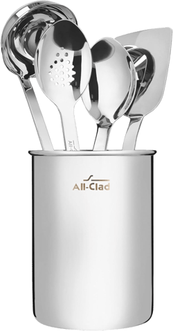 All-Clad 5-Piece Stainless Steel Kitchen Utensil Set – Includes Ladle, Solid Spoon, Slotted Spoon, Turner & Storage Caddy – Heavy-Gauge, Ergonomic, Dishwasher Safe, Silver