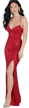 McKenna Lace-Up Slit Sequin Beaded Formal Dress