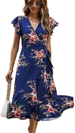 Frill Shoulder Sleeve Floral Midi Wrap Dress