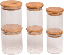 OIKOS | Hermetic Glass Storage Jars with Bamboo Lid | Multipurpose Jars, Candy Jars, Dry Food Canisters, Airtight, Variety Set, Kitchen Glass For Coffee, Flour, Sugar, Cookie, Spice | 6 Pieces, 32 OZ