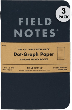 Field Notes 3-Pack Pitch Black Memo Books (3.5" X 5.5"), Dot-Graph, 48 Pages | Thin Pocket Sized EDC Notebook With 90 GSM Paper & Paperback Cover | Work Notebooks For Note Taking | Made in the USA Small Size (3.5" x 5.5") 3-Pack - Dot-Graph Paper