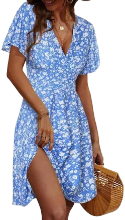 Floral Printed A-Line Wrap V Neck Midi Dress