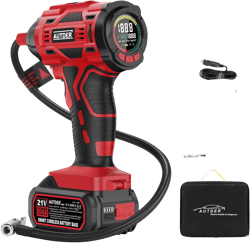 AUTDER Cordless Tire Inflator, 180PSI Portable Air Compressor with 21V Rechargeable Battery & 12V DC Car Adapter, Fast Inflation Digital Pump for Cars, Motorcycles, Bikes & Sports Balls - Red