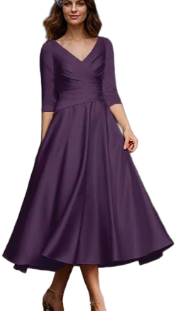 Missacc A-Line V-Neck 3/4 Sleeve Tea-Length Matte Satin Mother of the
