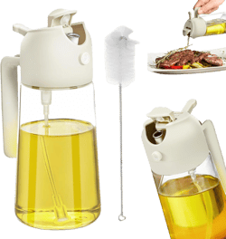2-in-1 Oil Sprayer for Cooking, Olive Oil Spray bottle, 16oz/470ml Glass Oil Dispenser, With Cleaning brush, Kitchen must Haves, Salad Dressing Shaker Bottle, Home Essentials, (White)