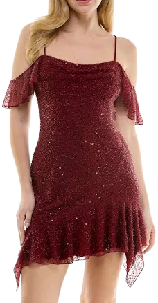 Seni & Cade Juniors' Ruffle-trim Cutout Beaded Mini Dress