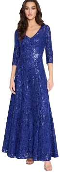 Tahari ASL Women's Beaded Sequin V-Neck Long Sleeve Gown
