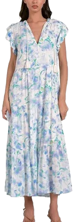 Elan Women's Printed Ruffle-Sleeve Tassel-Tie Maxi Dress