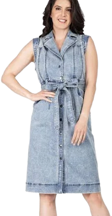 Stone Wash Women's Belted Denim Trench Midi Dress