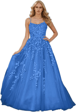 Missacc Dual Strap Tulle Strappy Back Prom Dress with Floral Applique