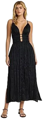 Women's Crinkle Satin V-Neck Sleeveless Strappy Midi Dress