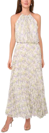 MSK Women's Sleeveless Halter Neck Pleated Floral-Print Chiffon Maxi Dress