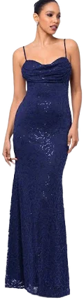 Betsy & Adam Women's Angel Long Sequin Lace Draped Sleeveless Gown